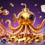 Experience the excitement of HK88 with golden kraken and dynamic casino elements in a 3D illustration.