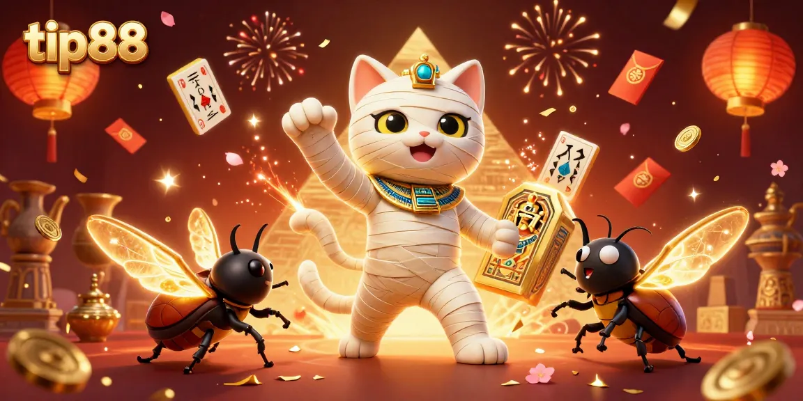 Experience the thrill of winning at tip88 with an exciting casino scene of a mummy cat and scarab beetle.