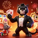 Seazmo's stylish casino scene featuring a tuxedo-clad black panther dealing cards amidst dynamic slot reels.