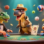 Experience the dynamic environment of keo nha cai 5 featuring a velociraptor at a blackjack table, amidst sports elements.