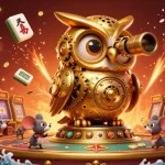 Experience the thrill of playing at vipwin with golden owl overseeing a vibrant casino scene.