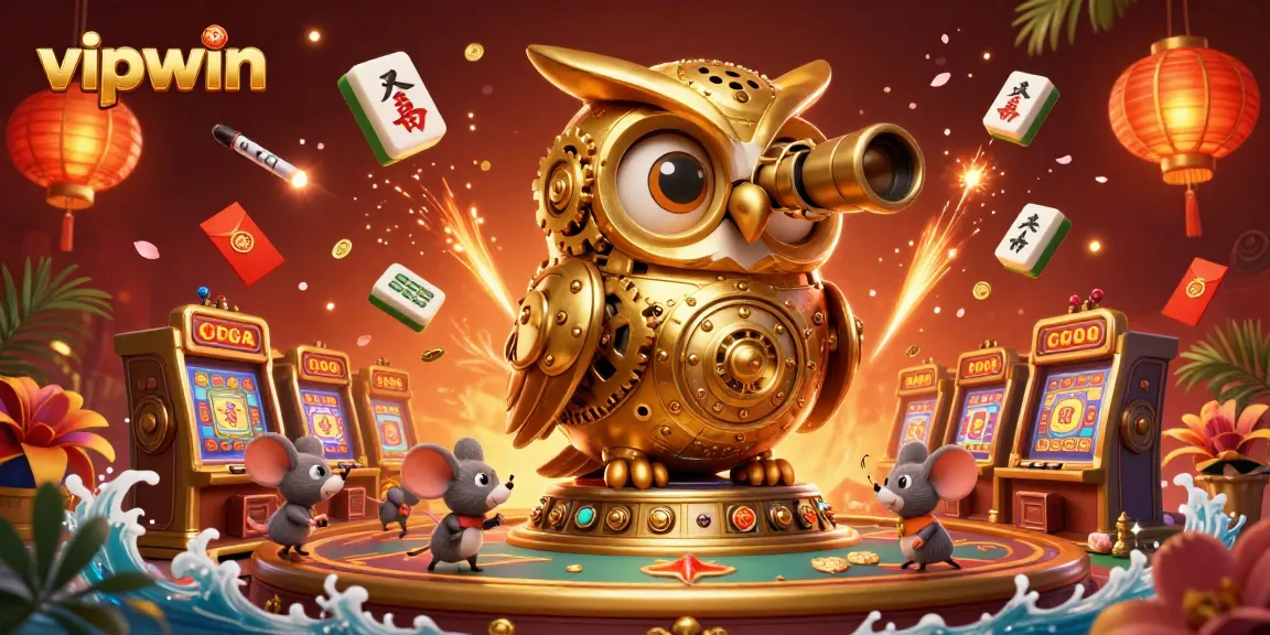 Experience the thrill of playing at vipwin with golden owl overseeing a vibrant casino scene.