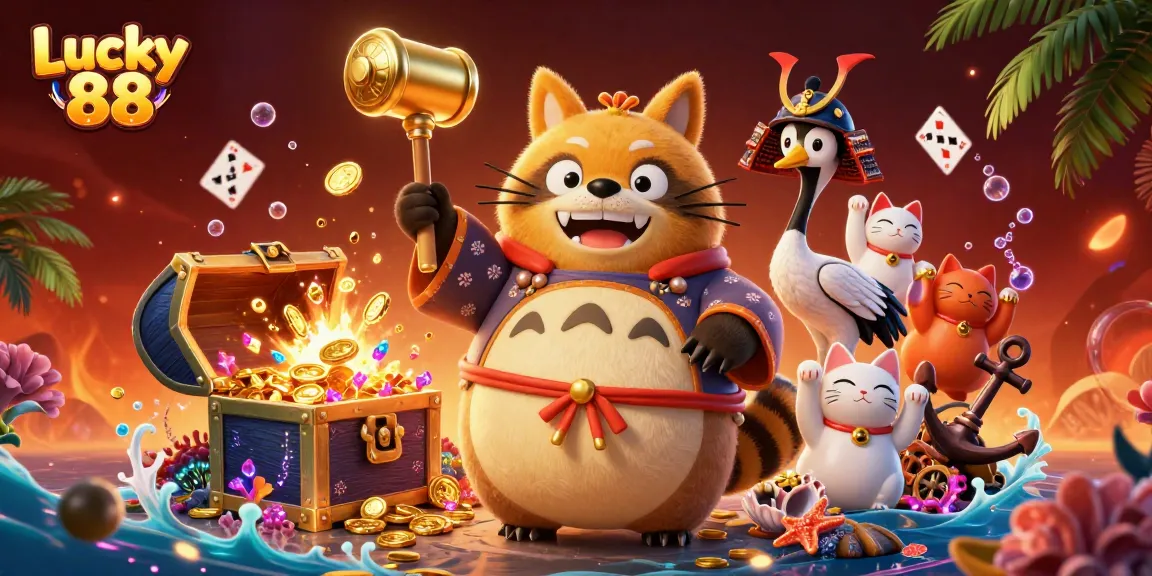 Experience thrilling wins with Lucky 88's vibrant casino illustration packed with joyful characters and dynamic elements.