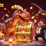 Catch jackpot coins at link8xbetz - pachycephalosaurus heads a slot machine, coins flying!