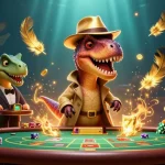Vua88 players experience casino excitement with cartoon dinosaurs at a blackjack table, showcasing thrilling gaming action.