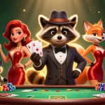 Toto88slot features engaging poker gameplay with a suave raccoon and charming characters in a vibrant casino scene.