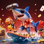Engage with U9WIN bet as a shark surfs on coins amidst vibrant casino imagery.