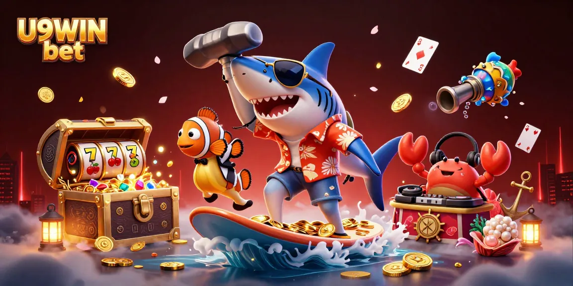Engage with U9WIN bet as a shark surfs on coins amidst vibrant casino imagery.