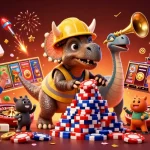 Experience excitement at fabet com with a triceratops building poker chips amidst dynamic casino elements.