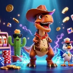 Experience the excitement of lucky88 com with a dynamic T-Rex and friends surrounded by casino elements.