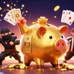 SX88 players enjoy vibrant 3D gaming action with a sumo wrestler piggy bank amid flying coins and roulette excitement.
