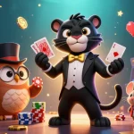 Experience the thrill of c168 as a stylish black panther deals cards amidst a vibrant casino scene.