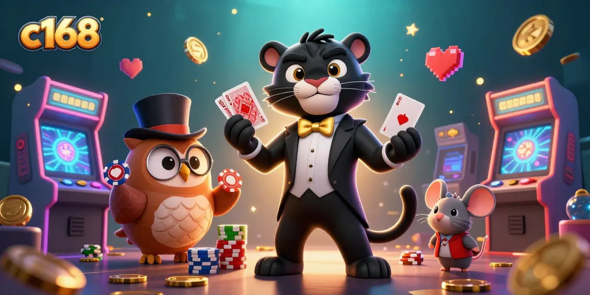 Experience the thrill of c168 as a stylish black panther deals cards amidst a vibrant casino scene.