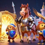 Experience the thrill of 888VND with knights and treasure in this vibrant illustrated casino scene.
