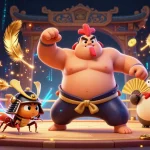 Experience the excitement of win44 with a powerful sumo wrestler, a samurai cricket, and a tanuki announcer in a vibrant casino scene.