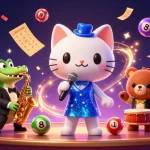 Engage with 86Bet in an exciting casino atmosphere featuring a jazz-singer cat with vibrant game elements.