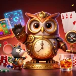 Spin the slots and play with luck as the time-traveler owl navigates a vibrant casino.