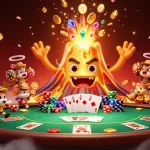 Experience exhilarating wins at haywin with vibrant casino action featuring a triumphant volcano and poker elements.