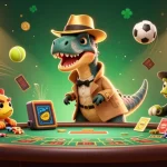 Experience the excitement of go88 with a velociraptor card counter at a blackjack table, surrounded by dynamic sports elements.