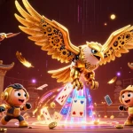 Socolive showcases a 3D golden eagle soaring through holographic cards in a vibrant casino scene, engaging in high-stakes action.