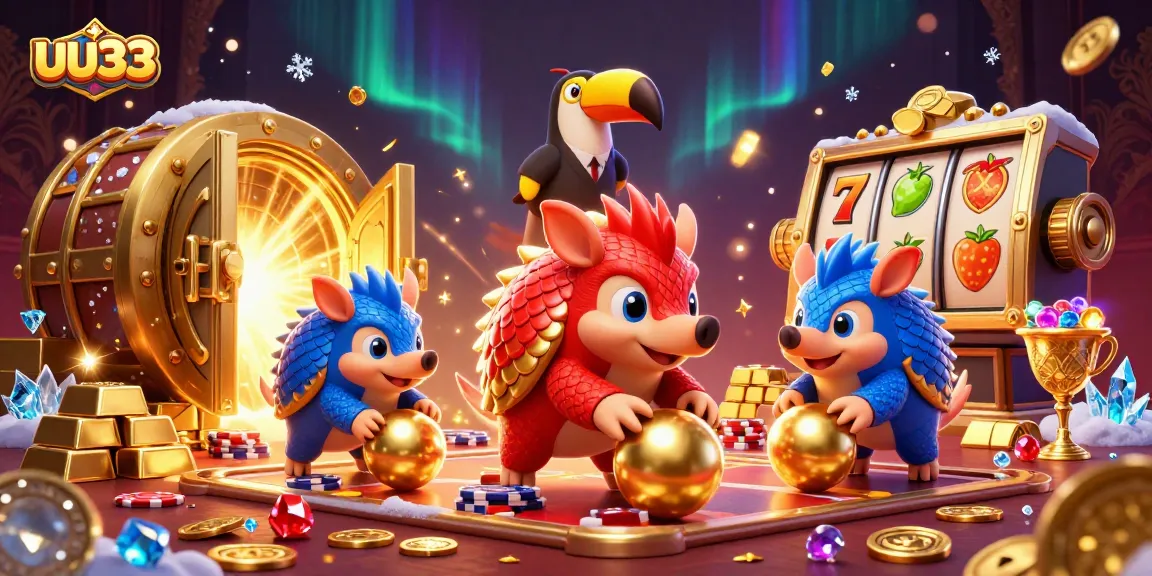 uu33 energizes the casino scene with pangolins bowling golden balls among poker chips and jackpots.