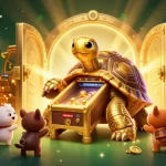 Experience luck8 with the colossal golden tortoise pinball machine and treasure elements in a vibrant casino scene.