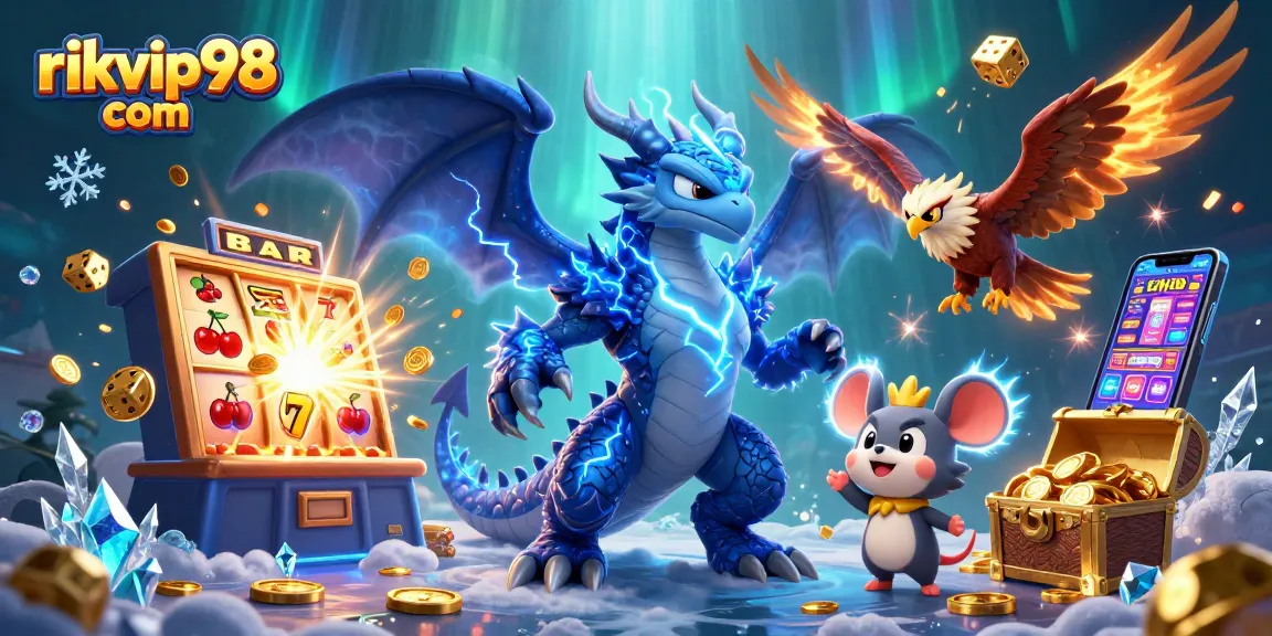 Experience the excitement of rikvip98 com with dynamic characters and jackpot games in a vibrant 3D casino scene.