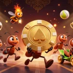 uu666 ants executing a heist with a massive golden poker chip, baseball sports elements around