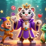 Spin jackpots with m98 q in a vibrant casino-themed illustration featuring dynamic characters.