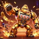 Engage in kèo nhà cái action with a golden gorilla mech bursting with coins and gaming elements