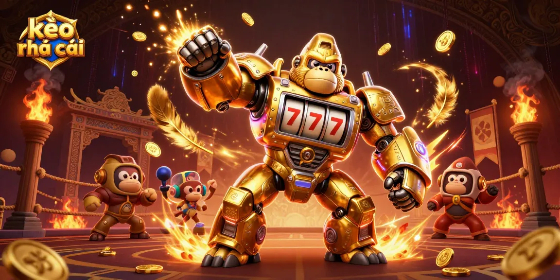 Engage in kèo nhà cái action with a golden gorilla mech bursting with coins and gaming elements