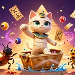 uk88 engages players with an Egyptian mummy cat and vibrant lottery elements in a casino setting