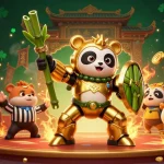 Engage with tx88 in a thrilling casino arena featuring a golden panda pilot, surrounded by slot symbols.