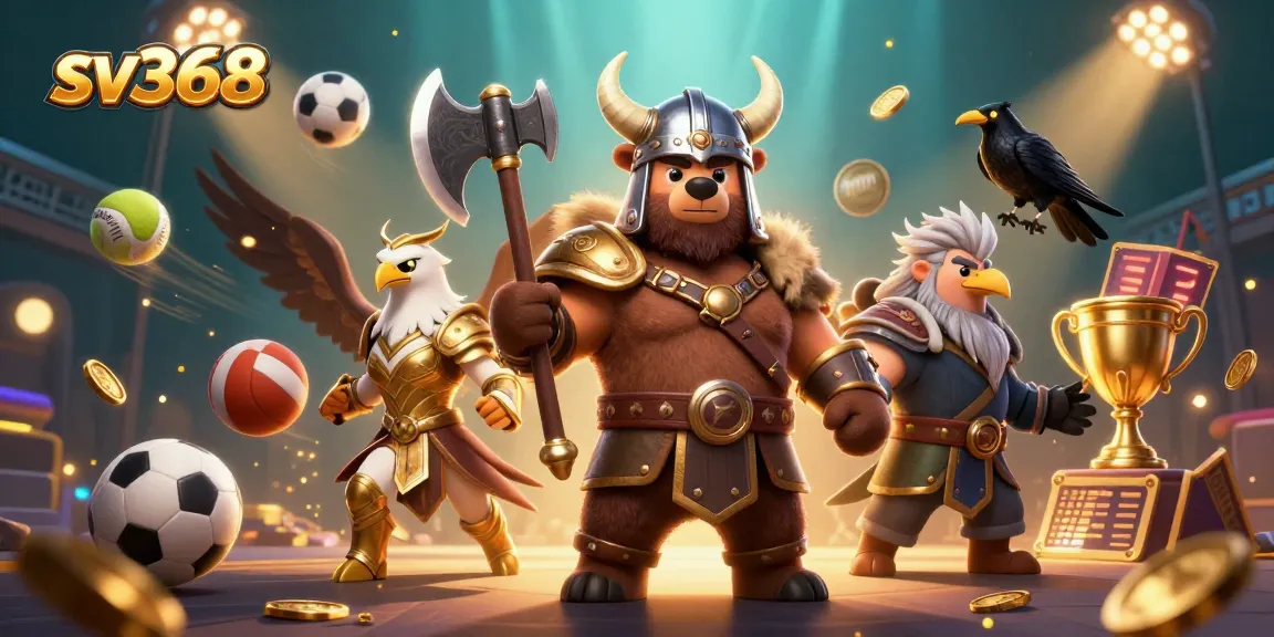 Experience thrilling bets at sv368 with a vibrant scene of a Viking bear, Valkyrie eagle, and gold coins.