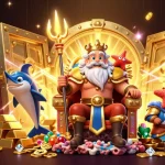 Engage with link o8 at this vibrant casino art featuring Neptune amidst treasures and gaming elements.