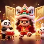 BL555 players explosively interact with a 3D lion dance, surrounded by dazzling casino treasures.