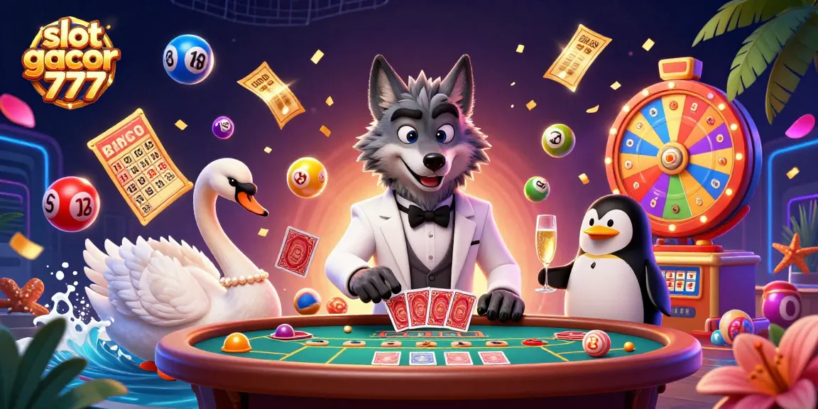 Experience an exciting game with slot gacor 777 as a debonair wolf deals cards at a casino table.