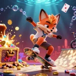 Say88 showcases vibrant 3D casino action with characters performing tricks over poker chips amidst treasure.