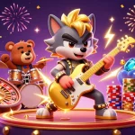 Experience thrilling game action with CO88 as a rock star wolf and drummer bear perform on stage amidst vibrant casino elements.