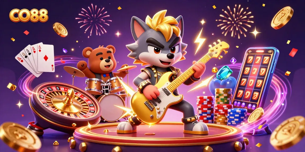 Experience thrilling game action with CO88 as a rock star wolf and drummer bear perform on stage amidst vibrant casino elements.