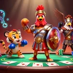 Engage with thrilling gameplay at SKY88, featuring a vibrant casino illustration of a rooster in armor and slot elements.
