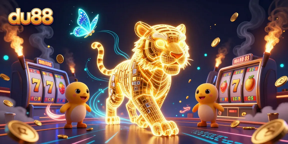 Engage with du88 at a vibrant digital casino featuring a golden tiger and dynamic slot reels.