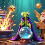 Engage with the dazzling OPEN88 gaming universe featuring a whimsical fortune teller and vibrant casino elements.