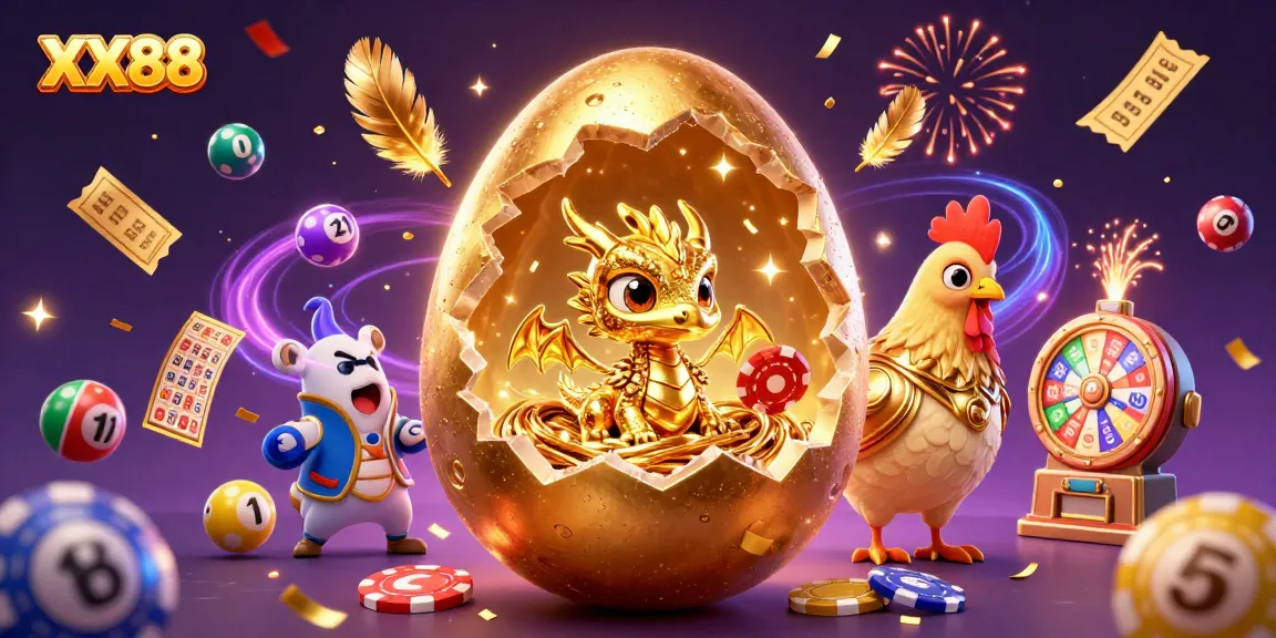 Experience the excitement of XX88 with vibrant golden characters, games, and dynamic lottery visuals.