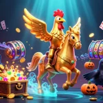 BONGDALU offers thrilling casino action with a golden rooster character amidst vibrant gaming elements.