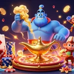 Win big with 59G's vibrant casino scene featuring a genie, monkey, and fantastic gaming elements.