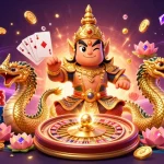 Experience thrill at XX88 with a vibrant scene featuring a guardian and game elements, symbolizing online gambling action.