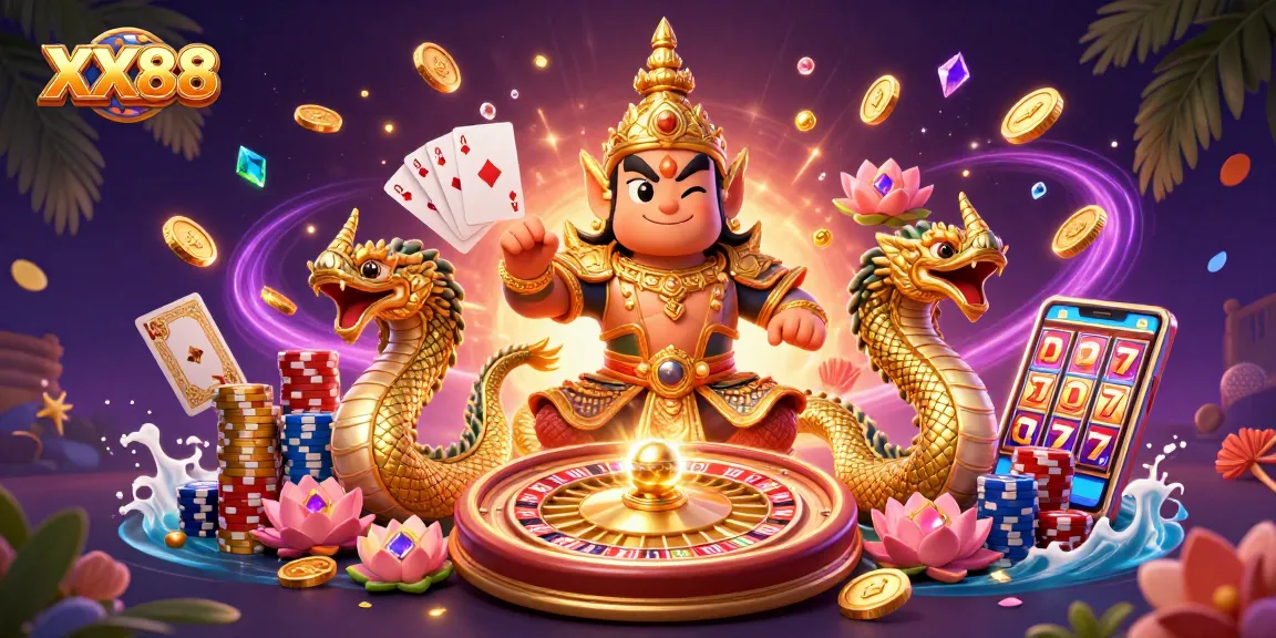 Experience thrill at XX88 with a vibrant scene featuring a guardian and game elements, symbolizing online gambling action.