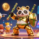 Engage with immersive 7mcn casino action featuring a mech-suit panda in a vibrant gaming arena.