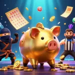 Experience thrilling gameplay of PP88 as a sumo wrestler and characters clash amidst golden coins and lottery balls.